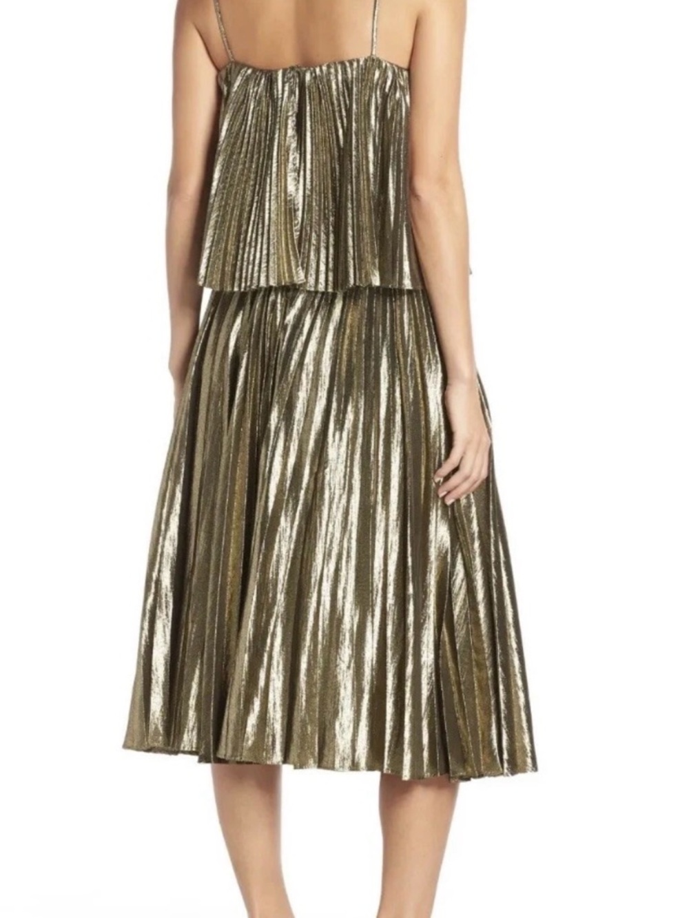 J.Crew Gold Metallic Pleated Midi Dress Size 6 Tiered Cocktail Party Holiday NYE - Picture 3 of 11